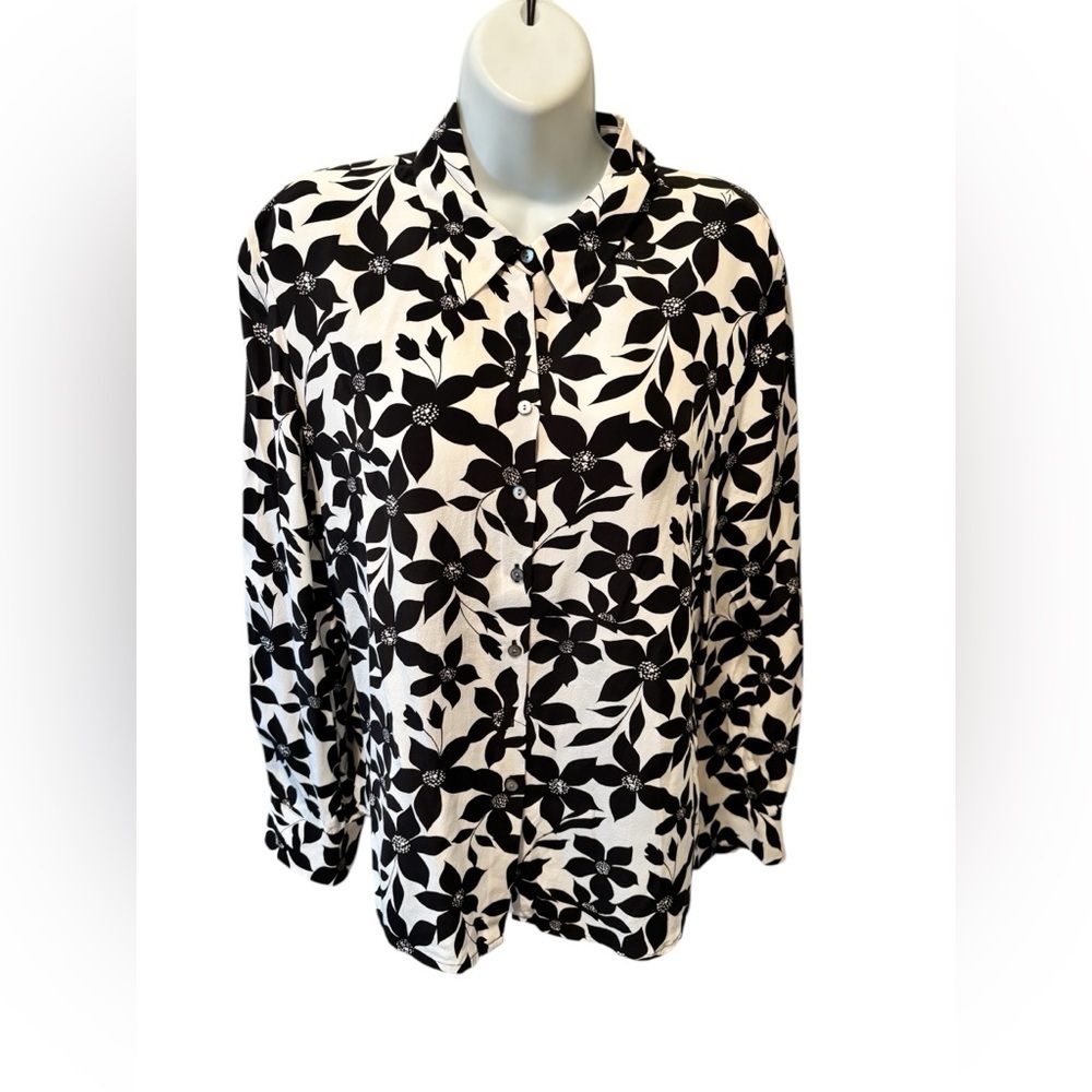 VTG Y2K Casual Corner 100% Silk Black White Floral Blouse Sz 14 LS Business
